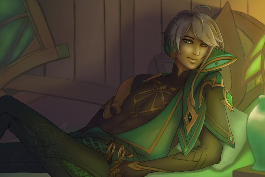 Alhaitham Resting Digital fanart of Al Haitham from Genshin Impact